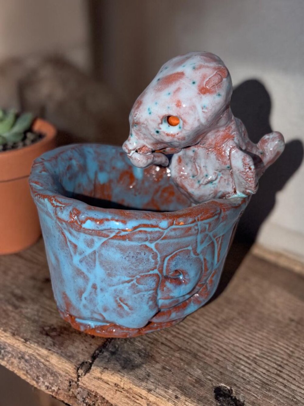 Handmade Studio Pottery Whale Planter Bowl Signed RM – Blue Drip Glaze Art Piece